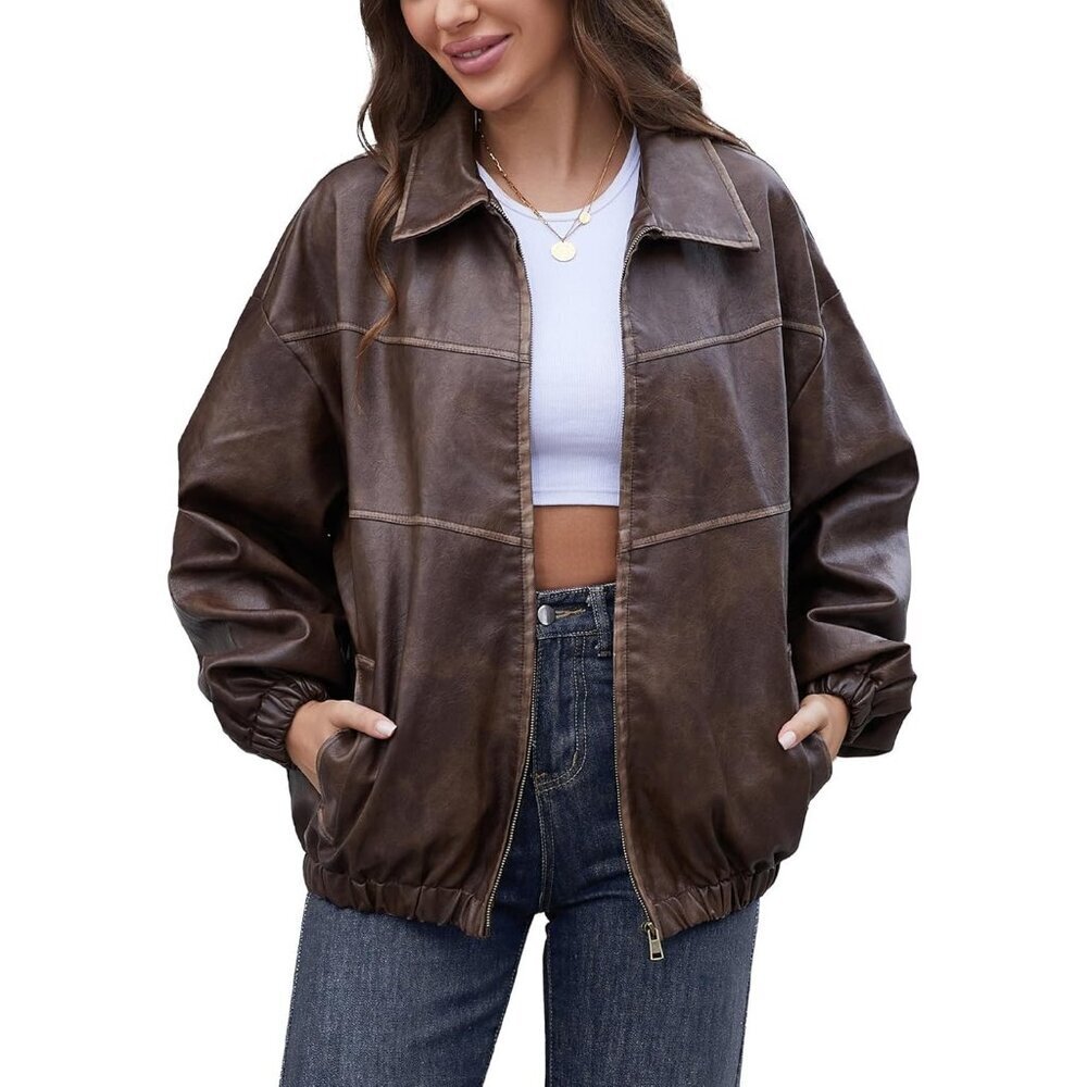 Women's Brown Oversized Y2K Faux Leather Jackets Vintage Plus Motorcycle Coats